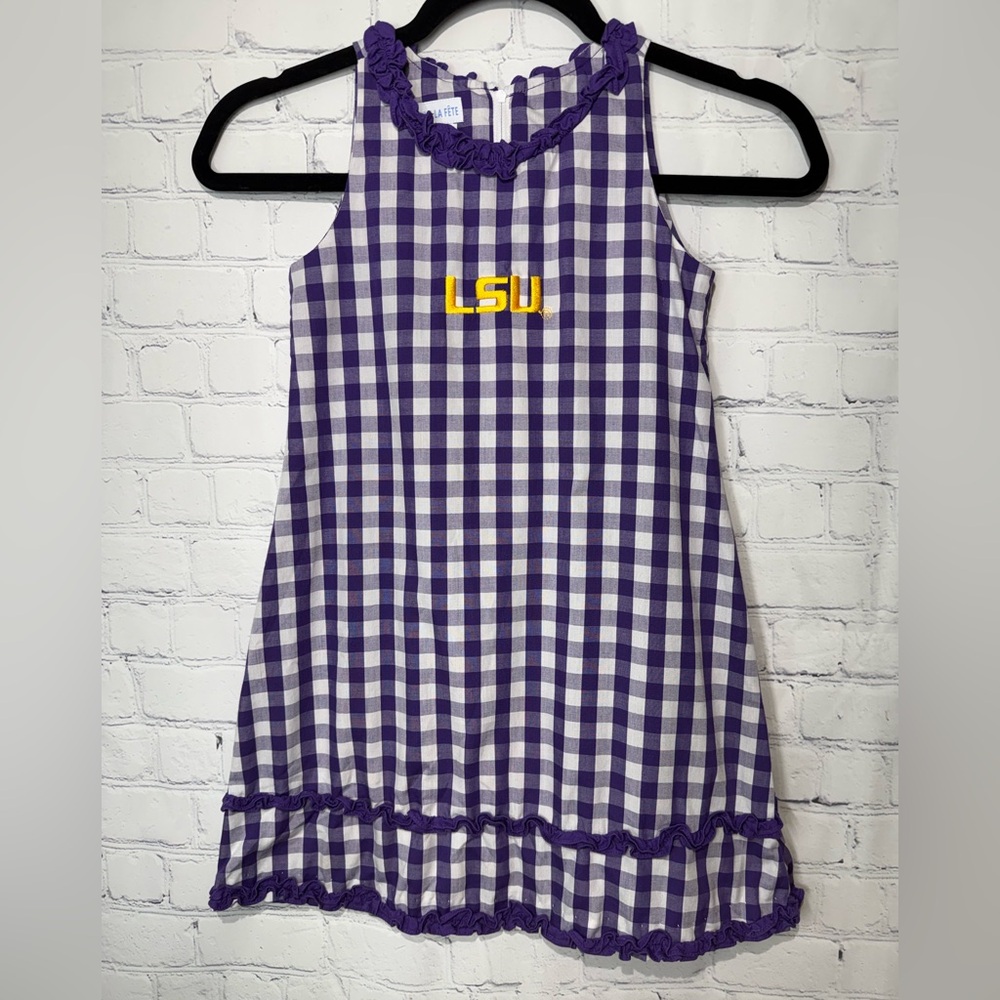 VIVE LA FETE size 5 purple & white gingham print LSU sleeveless dress